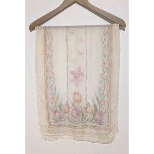 Vintage 60s Pale Yellow Butterfly Tulip Floral Oblong Scarf Sheer